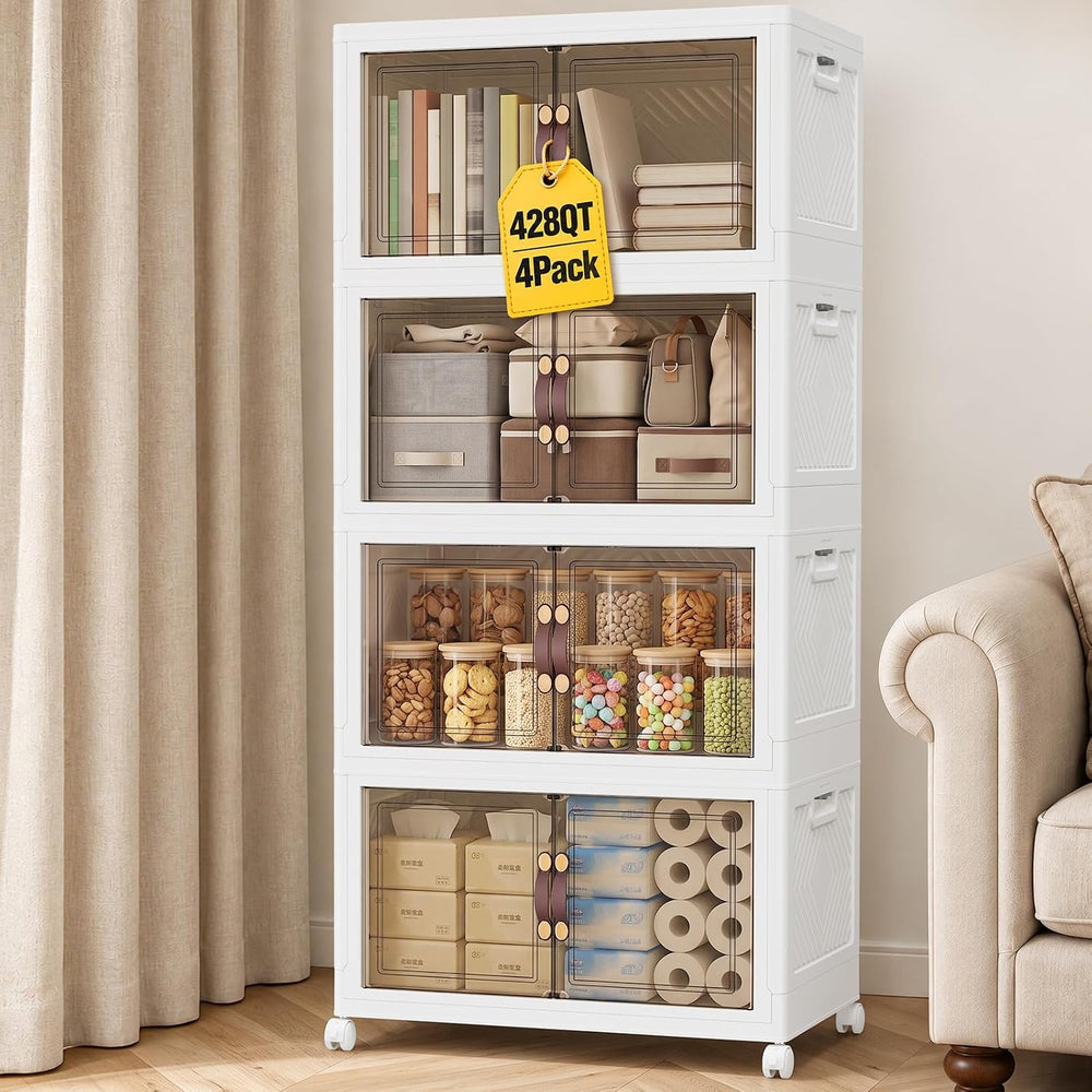 4Tier 428QT Stackable Storage Bins With Lids Closets, 4 Pack, White