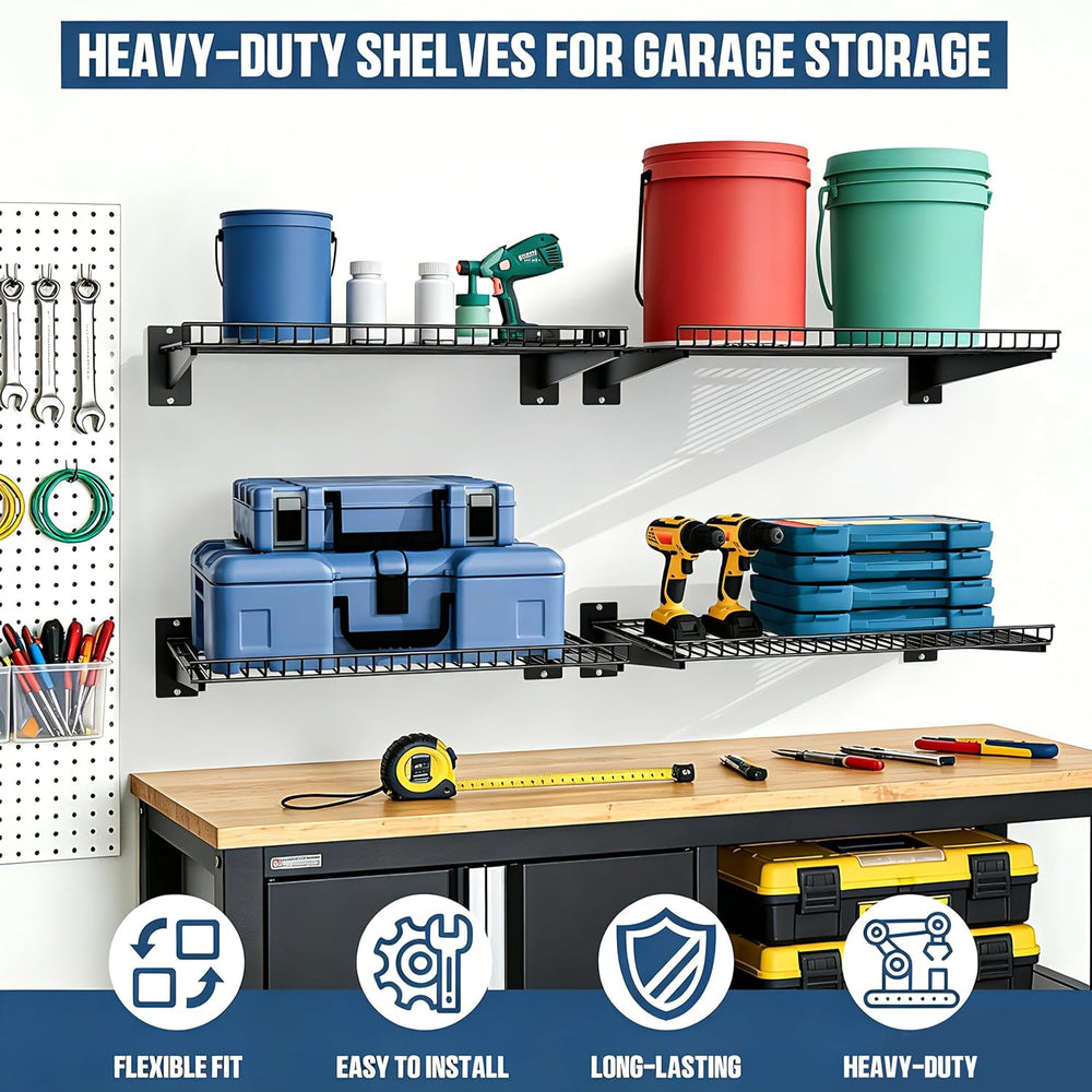 Garage Wall Shelving 24"x12" 2-Pack, Wire Wall Shelves, Black