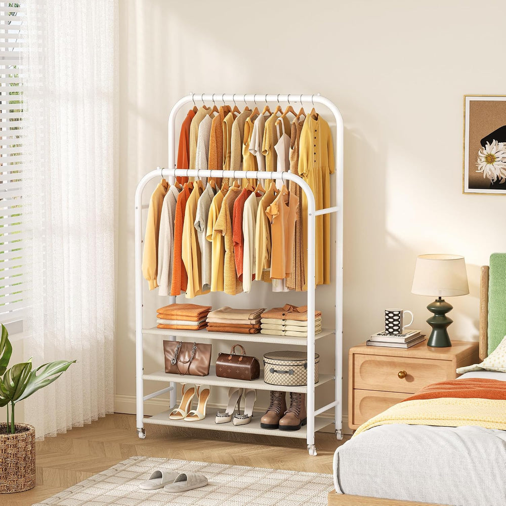 HOMIDEC Clothes Rack,Double Rods Clothing Rack with 3 Tier Shelve&Wheels