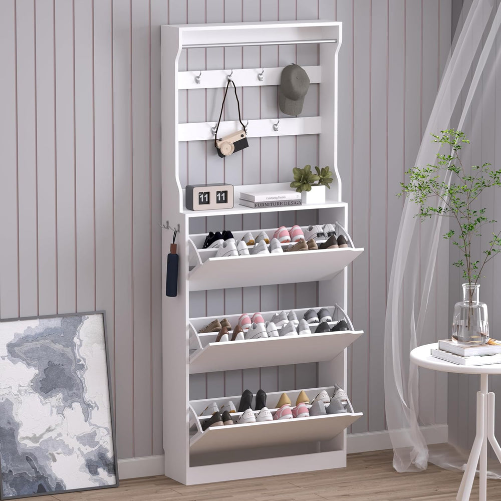 Shoe Cabinet with 3 Flip Drawers & Coat Rack, Narrow Hidden Shoe Storage ...