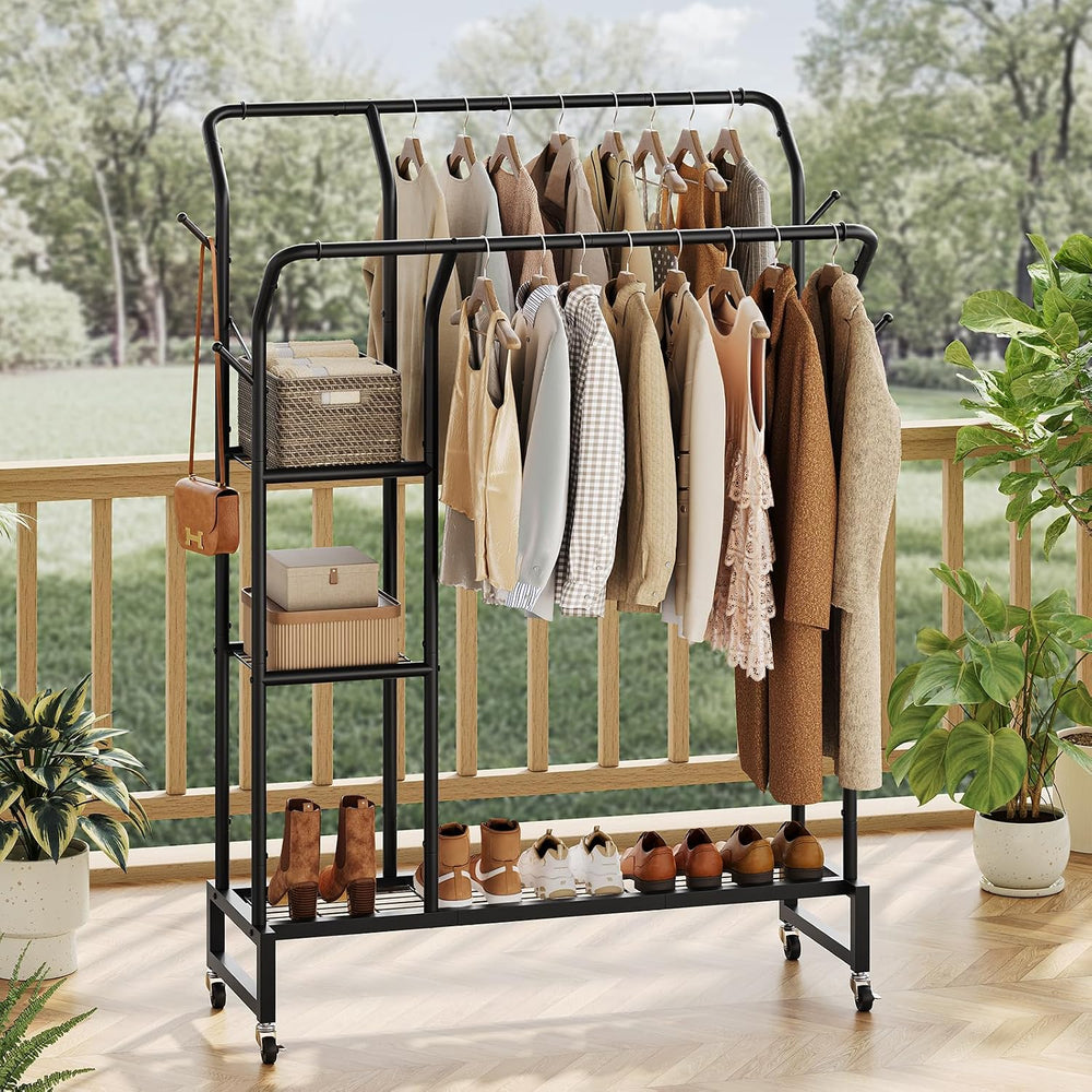 Yoobure Double Rods Clothes Rack - Portable Clothing Rack with Wheels, Rollin...