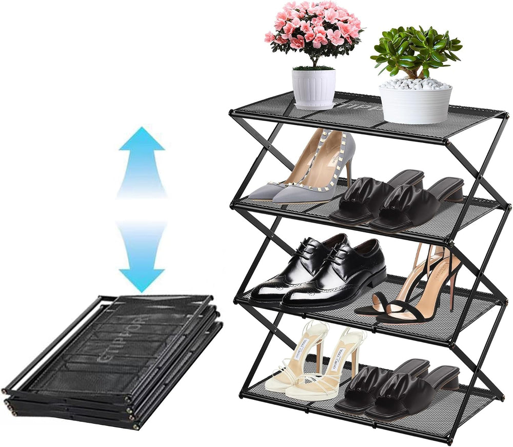 Small Shoe Rack for Entryway, 4-Tier Foldable Shoe Organizer, Metal Shoe Stor...