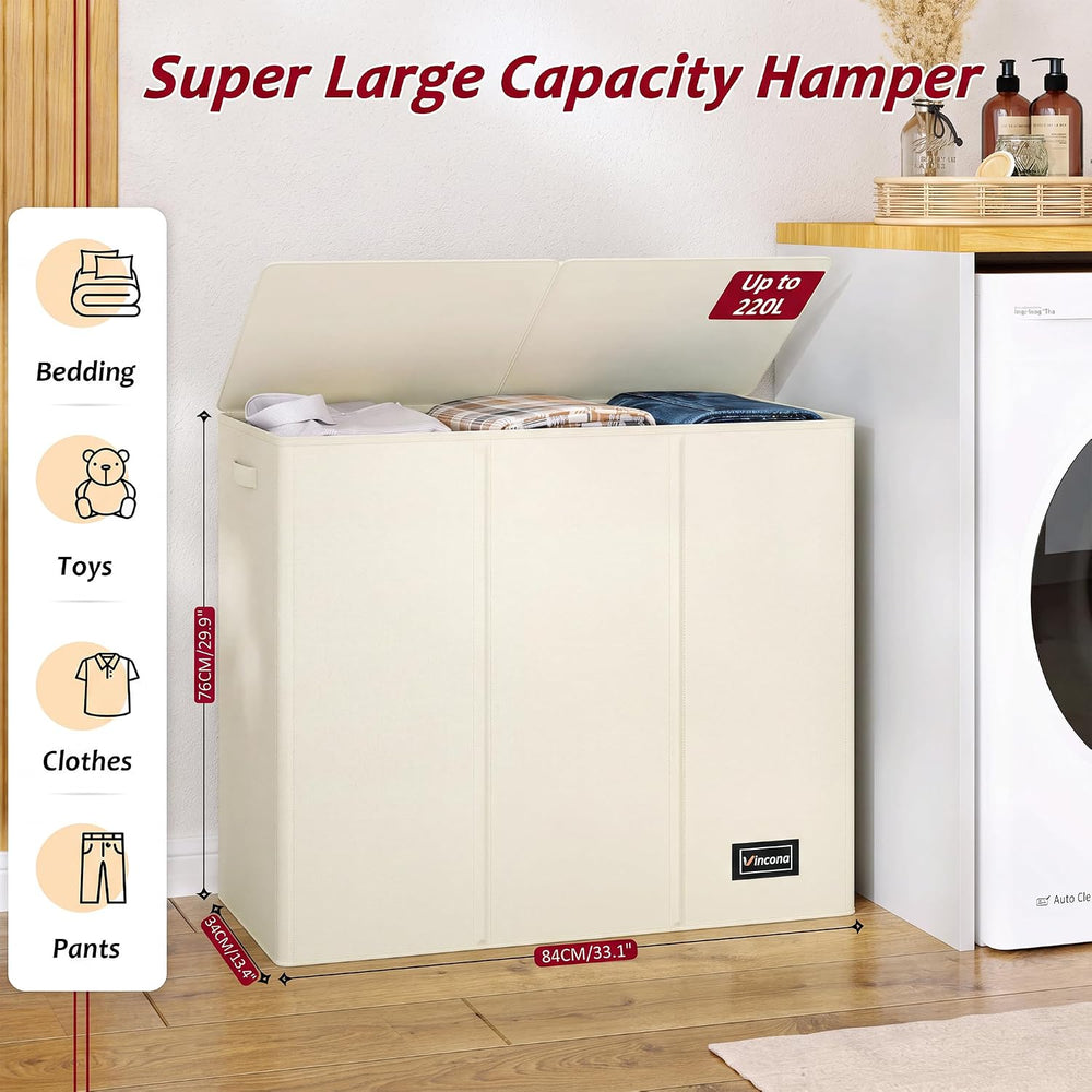 220L Laundry Hamper 3 Section,Large Laundry Hamper with Lid,Dirty Clothes Ham...