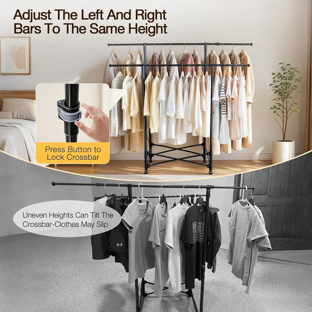 No-assembly Clothes Rack，Double Rod 59-Inch Rolling clothing rack