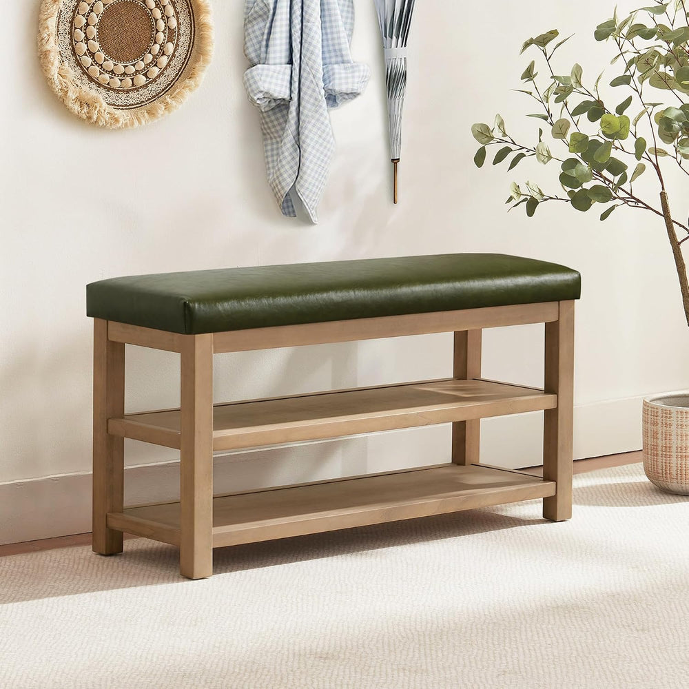 Zihanhome Shoe Rack Bench with Leather Cushion, 2 Tier Solid Wood Storage Ben...