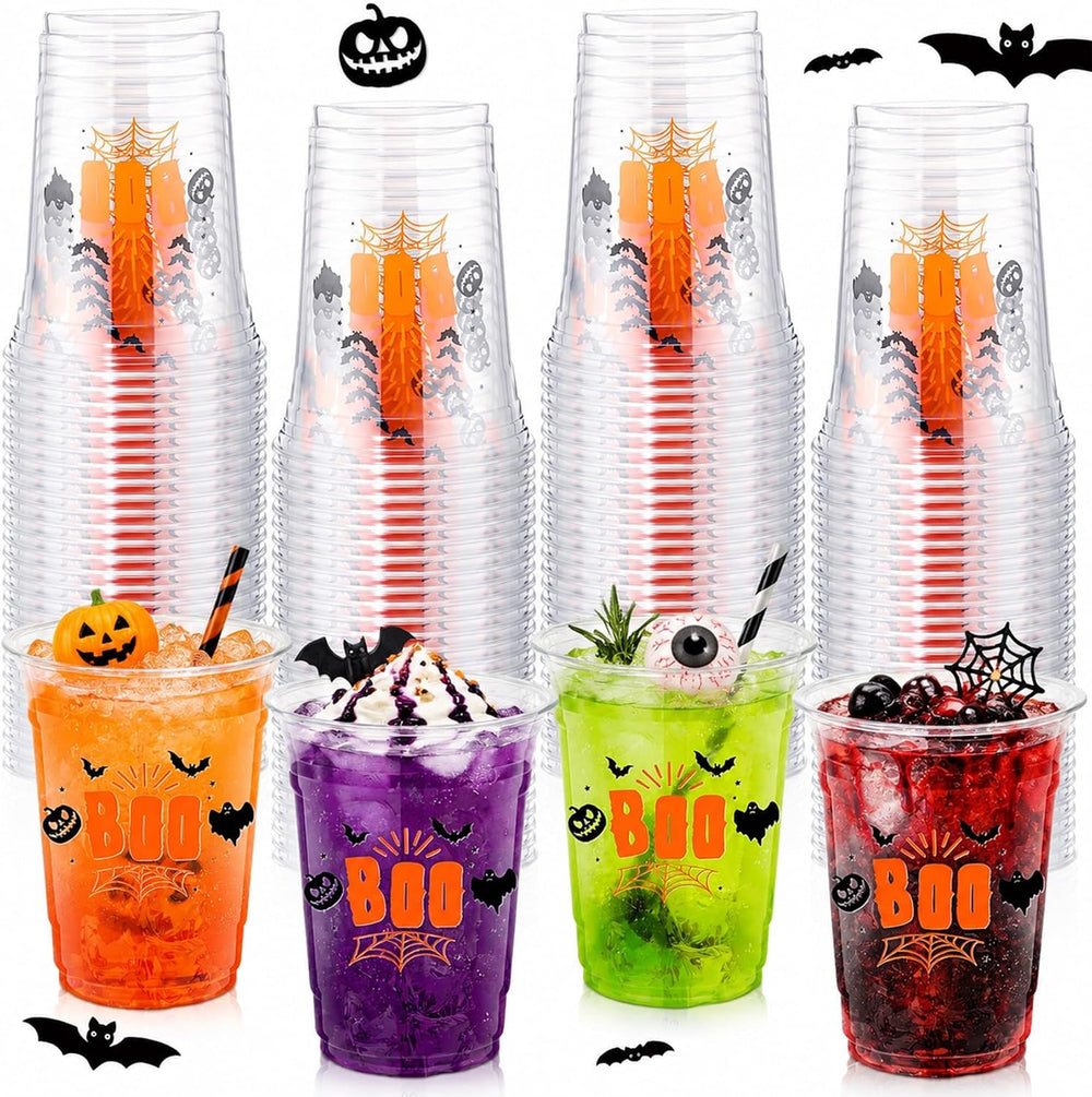 100 Pcs Halloween Plastic Cups Bulk 16 oz Disposable Clear Boo