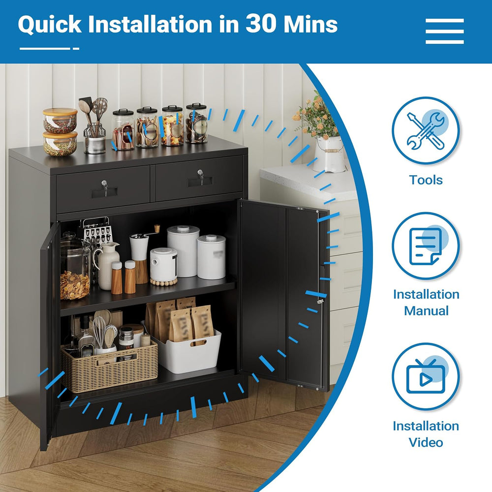 Metal Storage Cabinet, 36" Locking Cabinet with 2 Drawers & Shelves