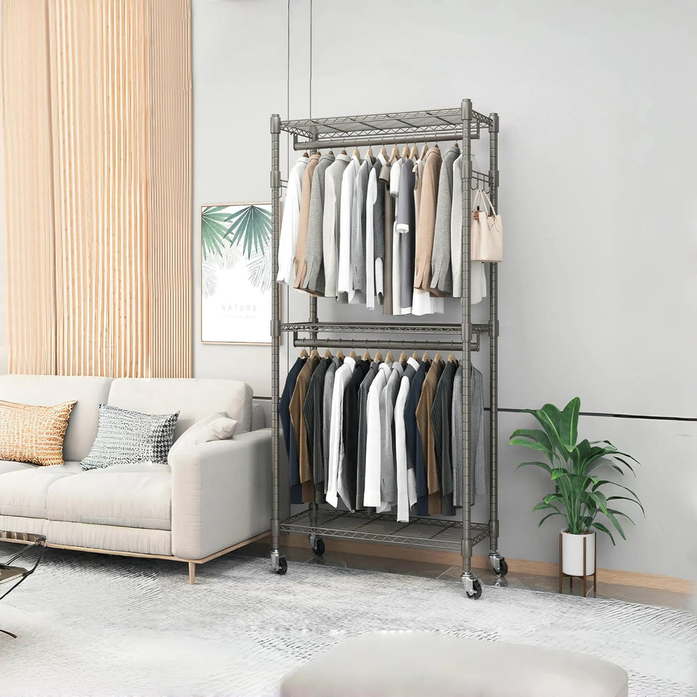 BATHWA Clothes Rack Rolling Narrow 2 tier Garment Rack for Hanging Clothes， S...
