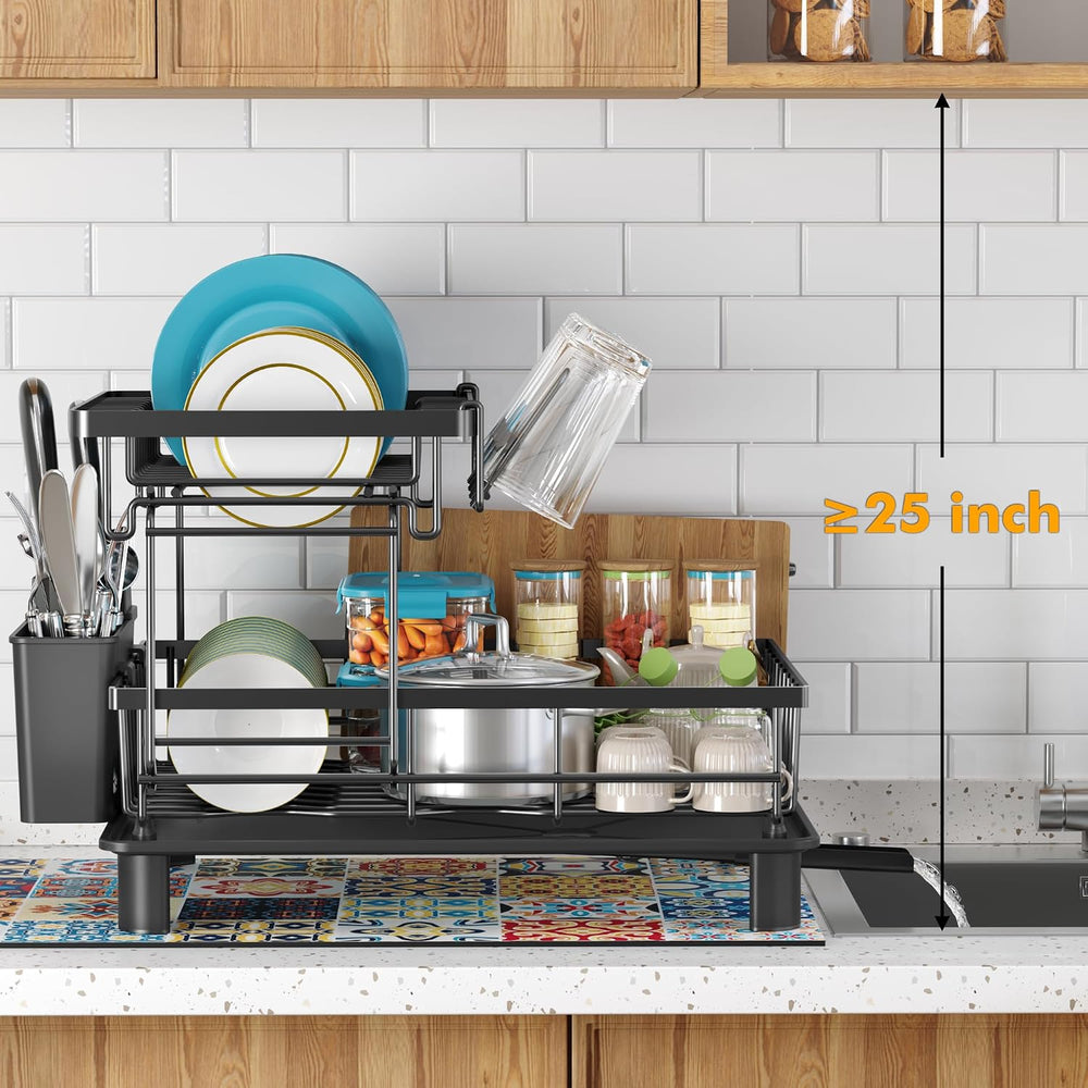 2 Tier Large Detachable Dish Drying Rack for Kitchen Counter,Black