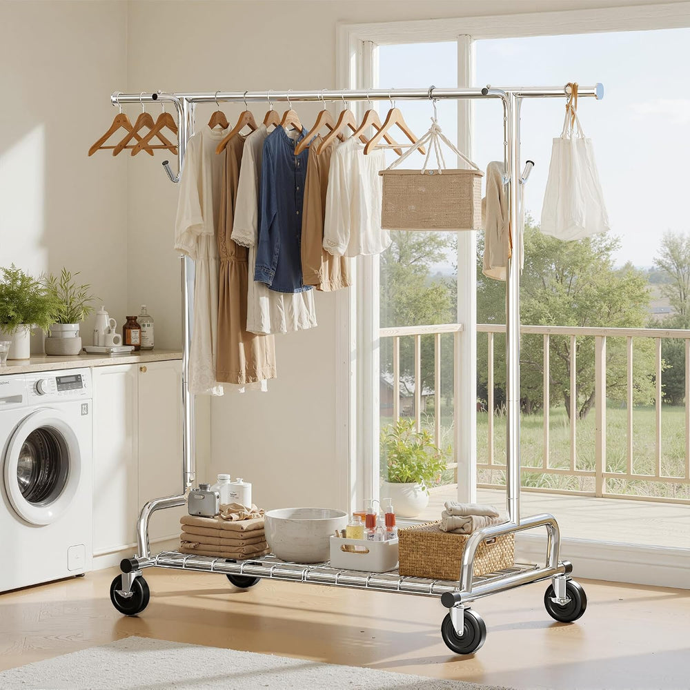 Raybee Heavy Duty Clothes Rack Rolling Garment Rack with Extra Hanging Hook