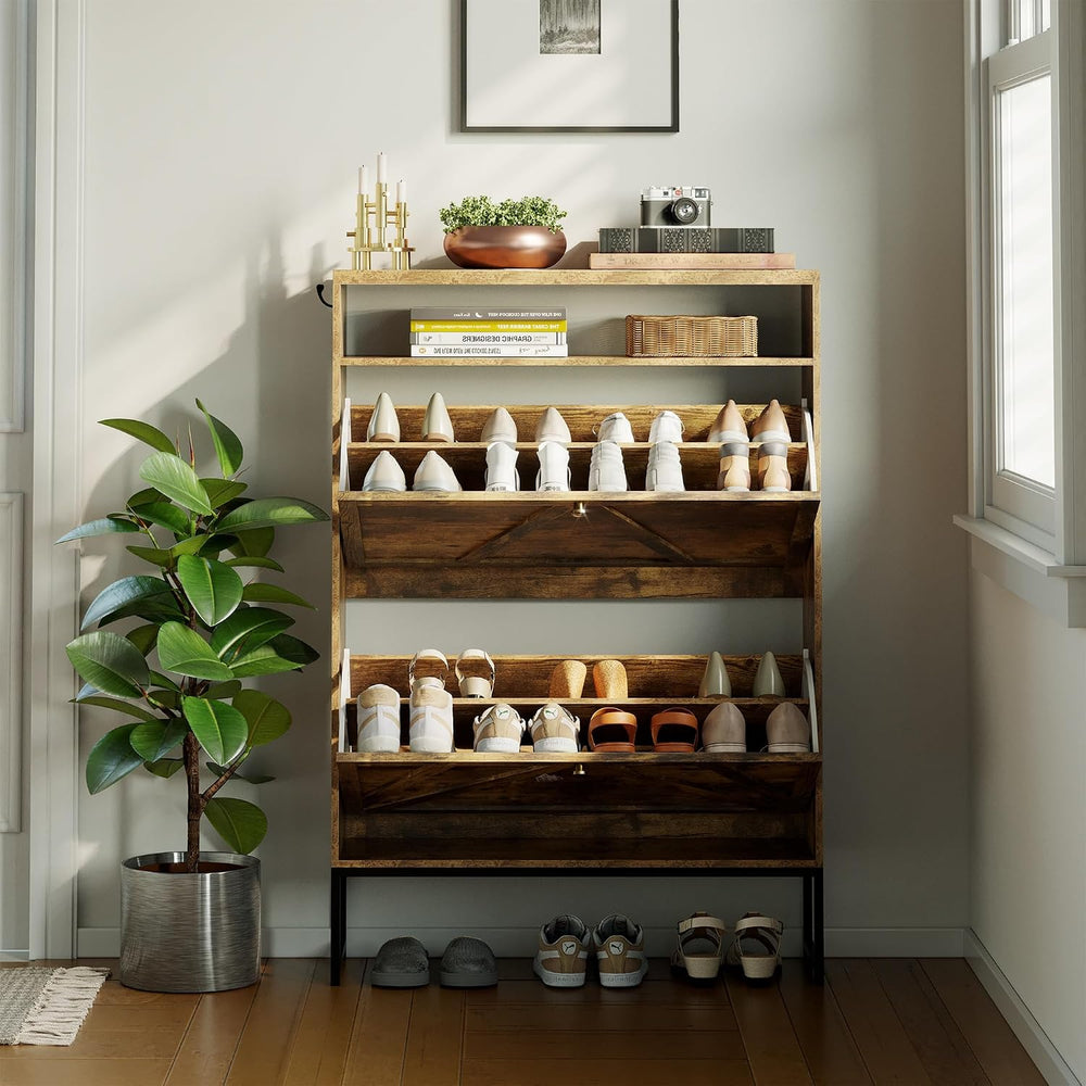 Shoe Storage Cabinet with 2 Flip-Up Doors, Freestanding Hidden Shoe Storage O...