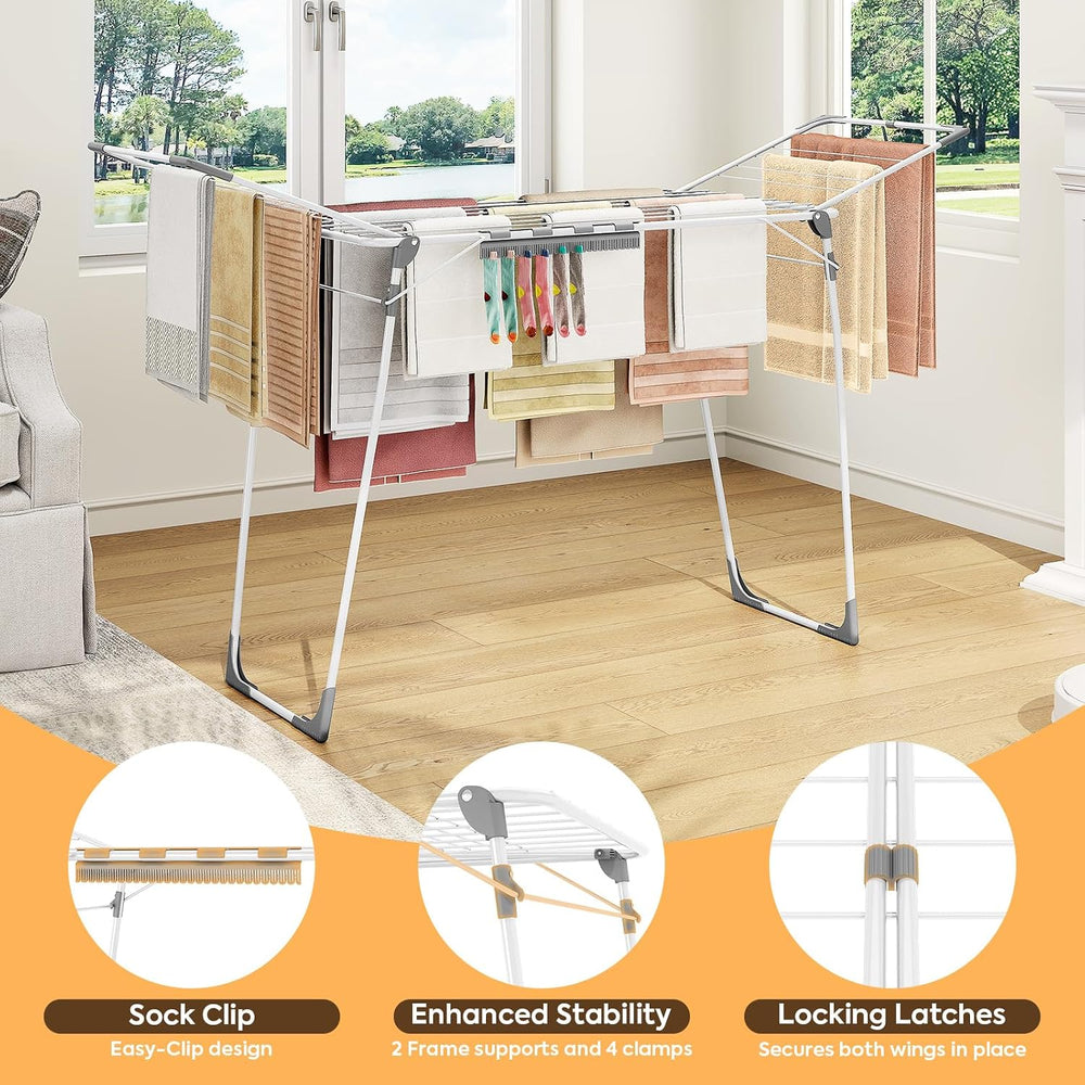 KINGBOARD Clothes Drying Rack, Gullwing Drying Rack with Sock Clips, White