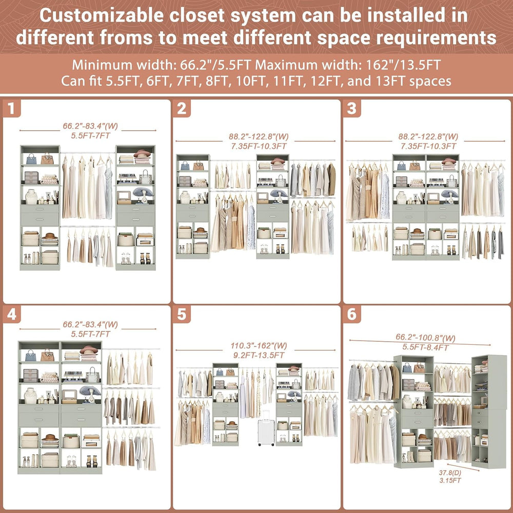 Besiost Closet System, 7.4ft-10ft with 4 Wooden Drawers and 5 Hanging Rods, C...