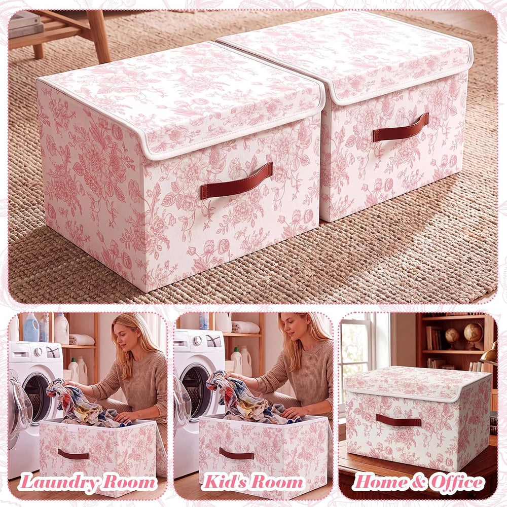 2 Pack Pink Floral Storage Bin with Lids, 17x11x12 Inch