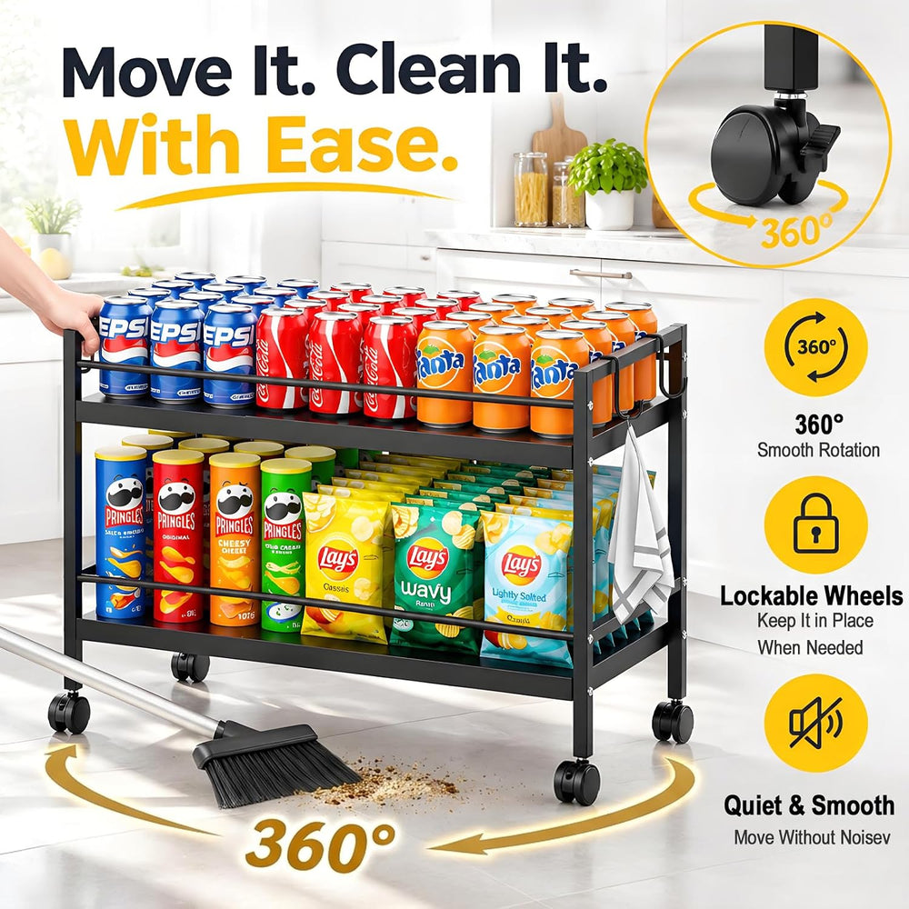 2-Tier Expandable Rolling Pantry Cart, Pantry Floor Organizers and Storage