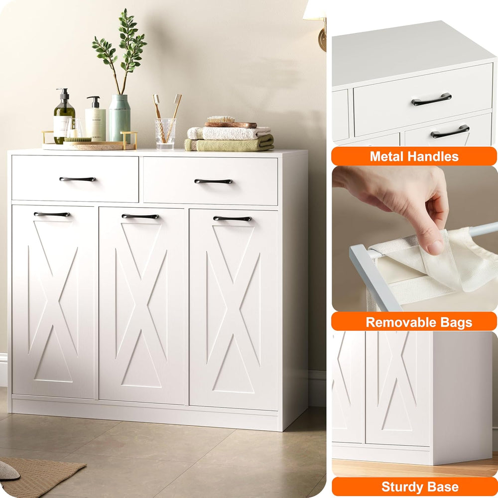 Herture Laundry Hamper Cabinet, Laundry Basket 3 Section with 2 Storage Drawe...