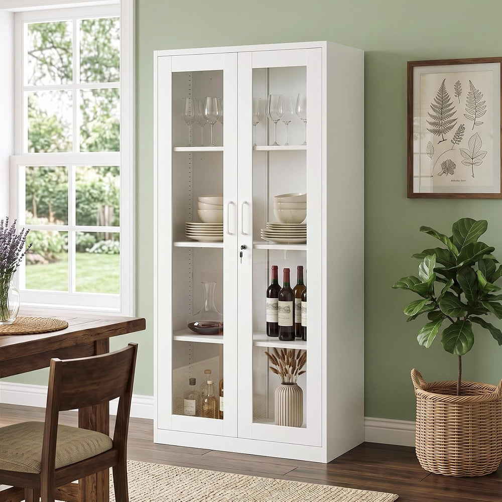 VINGLI Display Cabinet with Glass Doors & 3 Adjustable Shelves, 65" ...