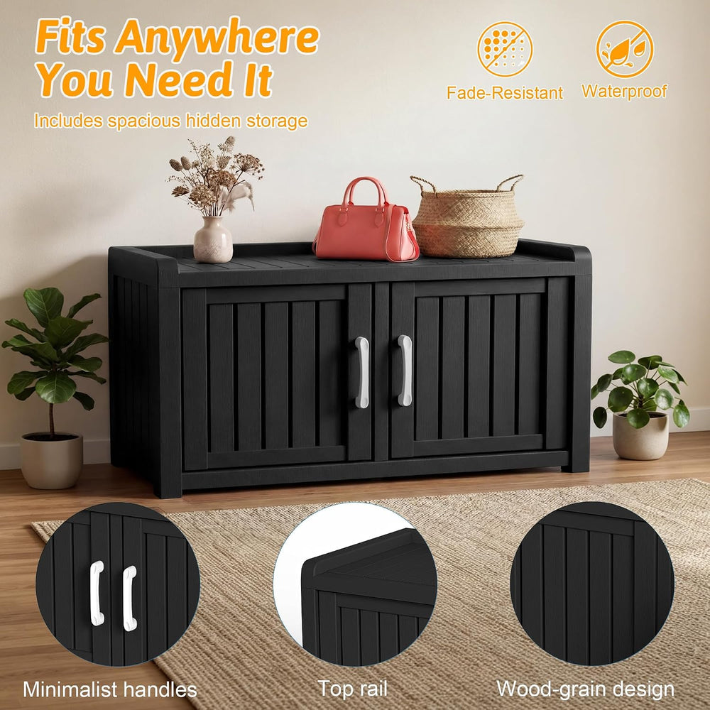 2-Tier Storage Bench, Waterproof UV-Resistant Outdoor Shoe Storage Cabinet ，O...