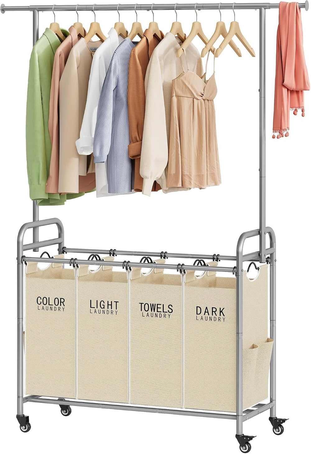 Tajsoon Laundry Hamper with Hanging Rack, Laundry Sorter 4 Sections, Beige