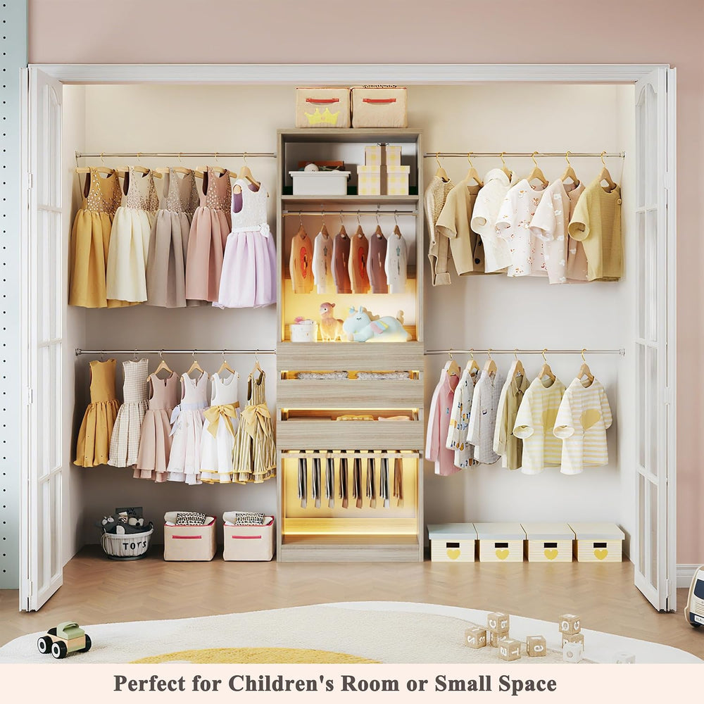 Closet System, 4-8 FT Closet Organizer with 3 Wood Drawers & Glass Top, Oak