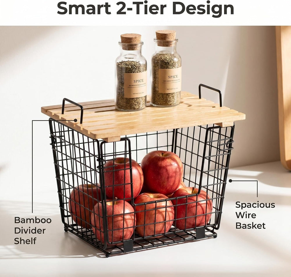2 Wire Storage Basket with Bamboo Shelf for Fruits Vegetables and Spices