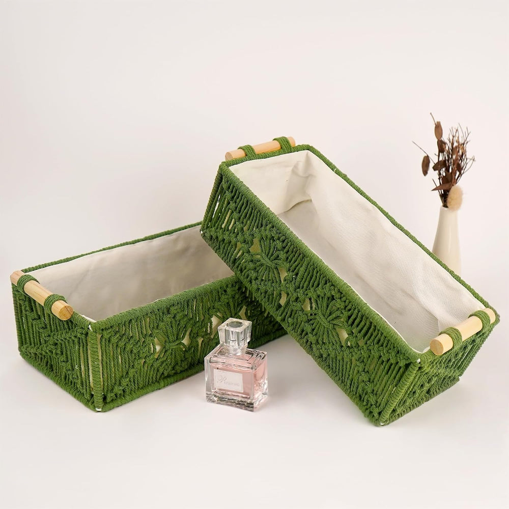 Macrame Storage Baskets Toilet Tank Organizer Set of 2, Green