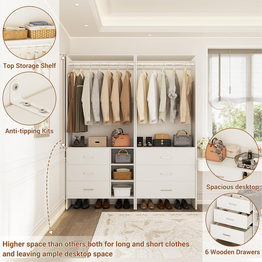 Aheaplus Closet System with 6 Drawers, 4.3ft, Set of 2, White