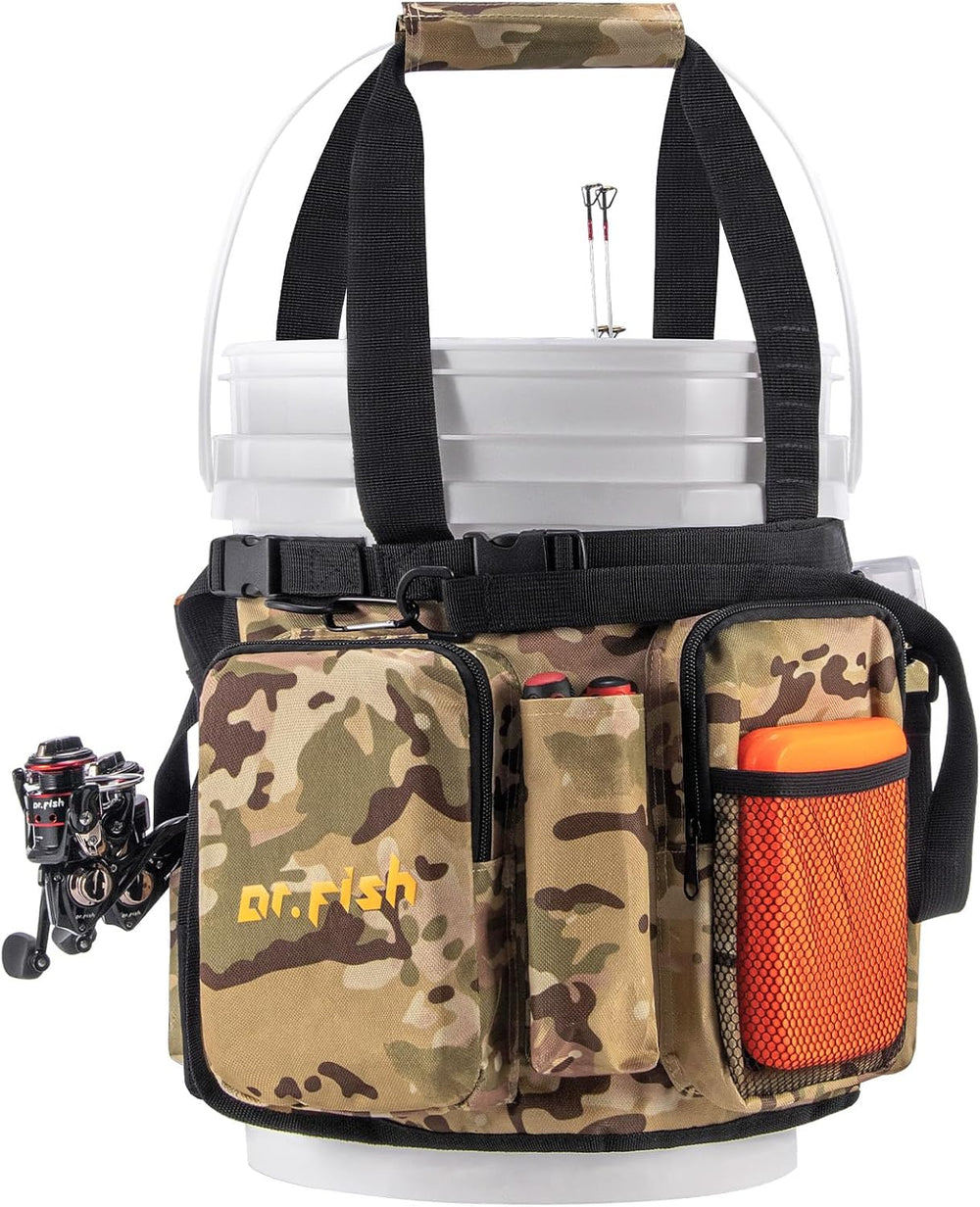 Dr.Fish 5gal Bucket Organizer, Ice Fishing Tackle Bag 6 Pocket Rod Holders