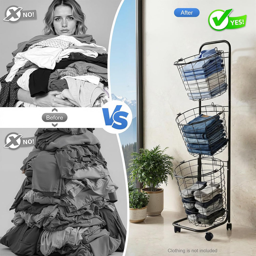 Laundry Basket on Wheels,3 Tier Large Laundry Hampers,10.4 * 13 * 48.4inch Cl...