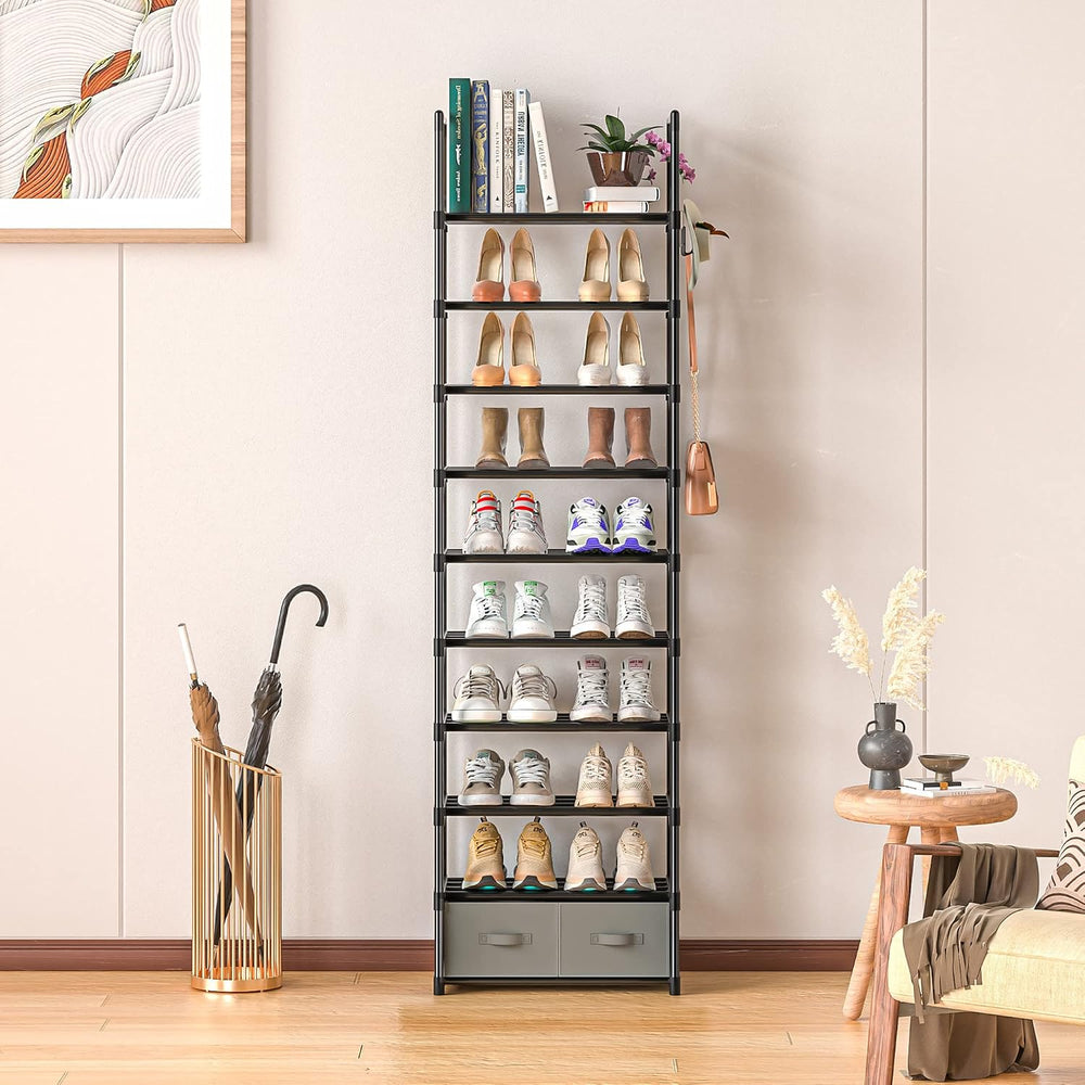 OYREL Tall Shoe Rack Narrow 10 Tier Shoes Rack 20 25 Pairs + 2 Boxes 1 Hook