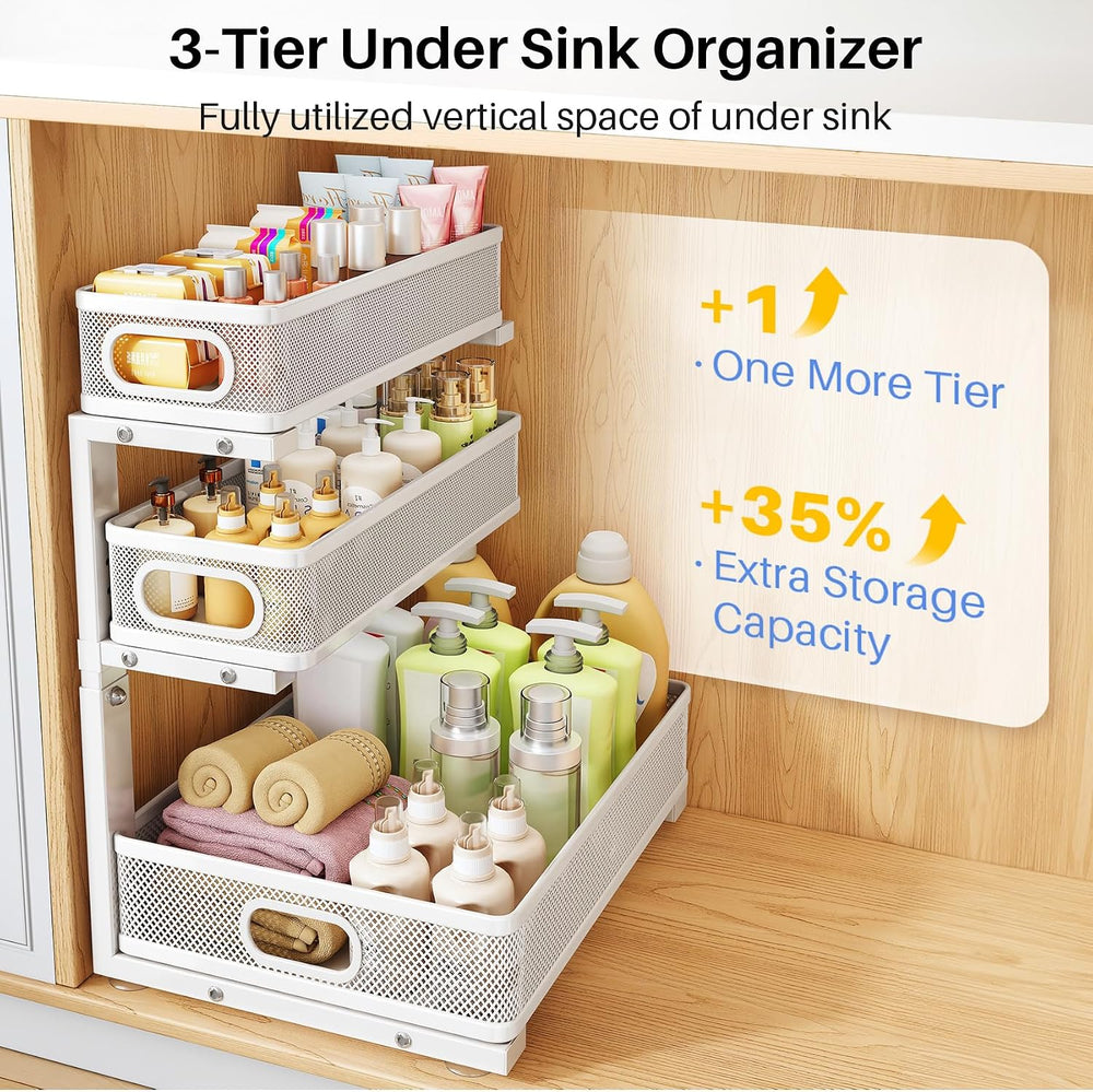 Under Sink Organizer, 3-Tier Thickened Metal Pull out Cabinet Organizer Shelf...