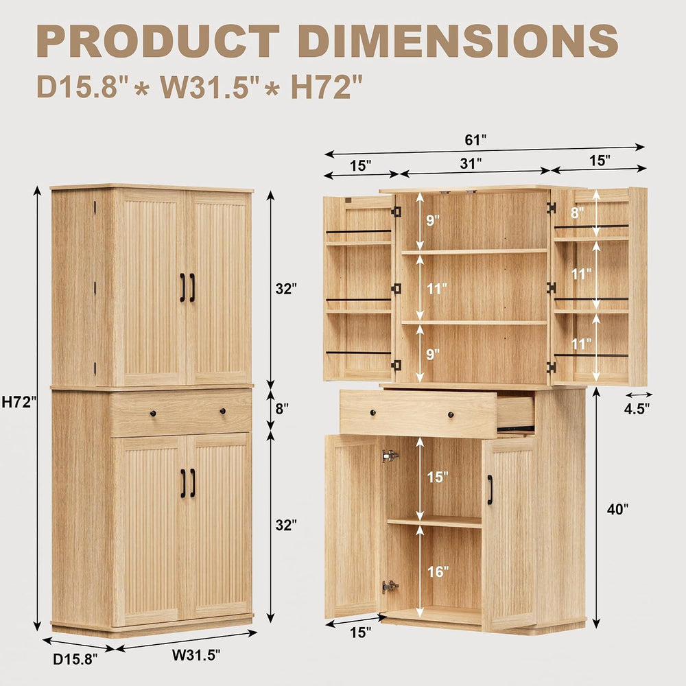 72" Tall Pantry Cabinet, Kitchen Storage Cabinet with 1 Drawer 2 Cabinet...