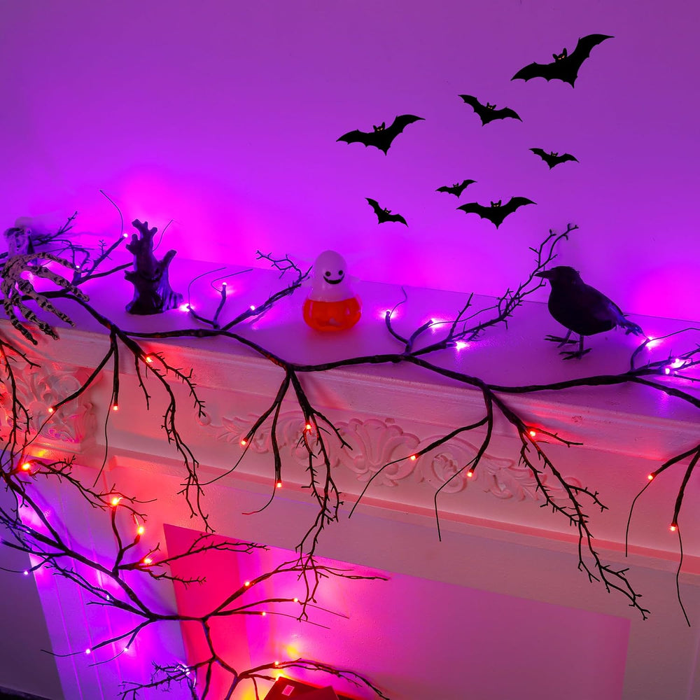 9 FT 72 LED Willow Vine Twig Decor Black Halloween Garland with Orange Purple...
