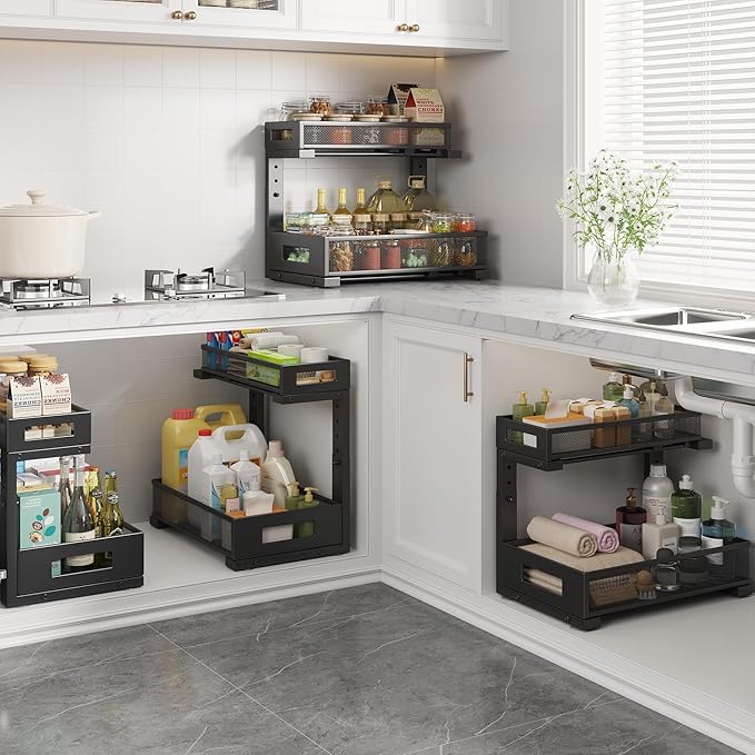 2-Pack Under Sink Storage Organizer, Large 2-Tier Elegant Mesh Pull Out Shelf