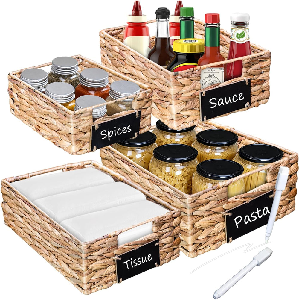 Set of 4 Sizes Hand-Woven Pantry Shelf Baskets, Hyacinth Storage Baskets with...