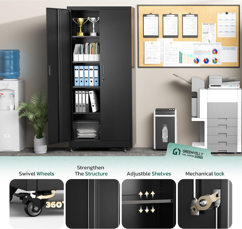 73" Rolling Storage Cabinet,Black Metal Garage Cabinet with Locking Door...