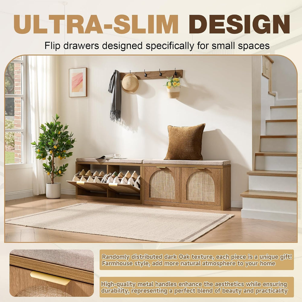 Rattan Narrow Entryway Bench with Shoe Storage, 2 Flip Drawers & Coat Rac...