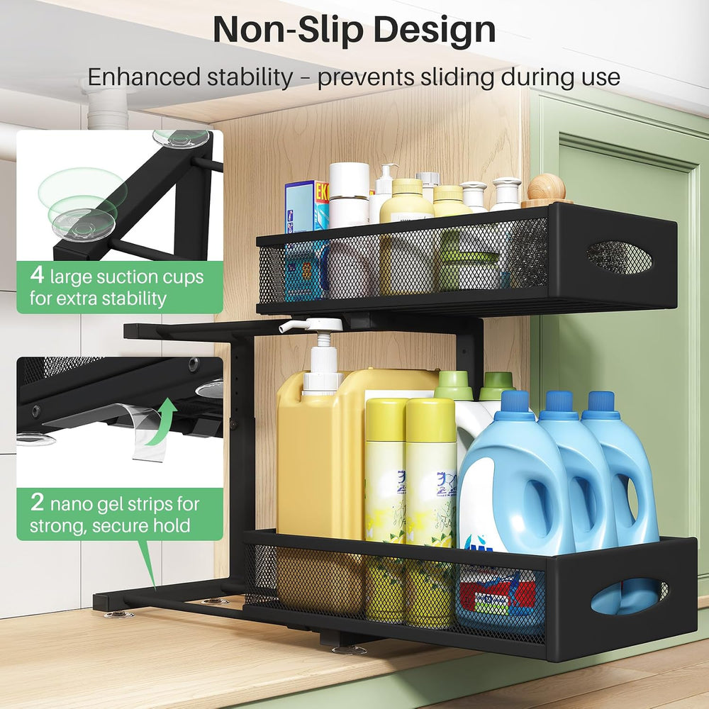 Under Sink Organizer, 2 Tier Pull out Cabinet Organizer Baskets with Mesh Sli...