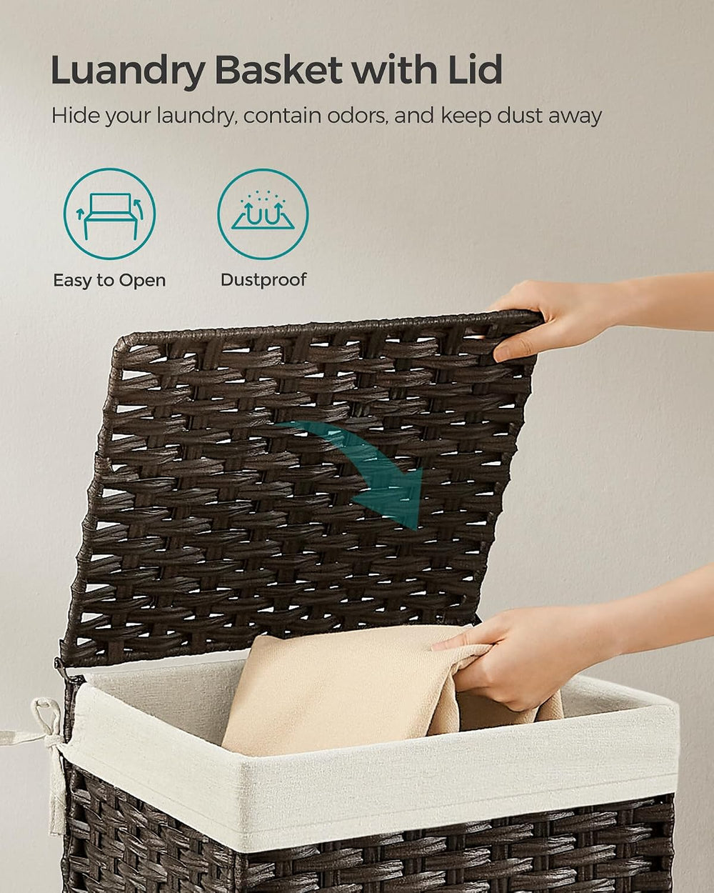 SONGMICS Woven Storage Basket with Lid, 9.2 Gallon (35L), Foldable
