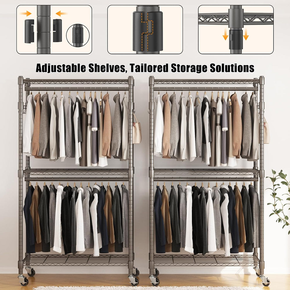 BATHWA Clothes Rack Rolling Narrow 2 tier Garment Rack for Hanging Clothes， S...