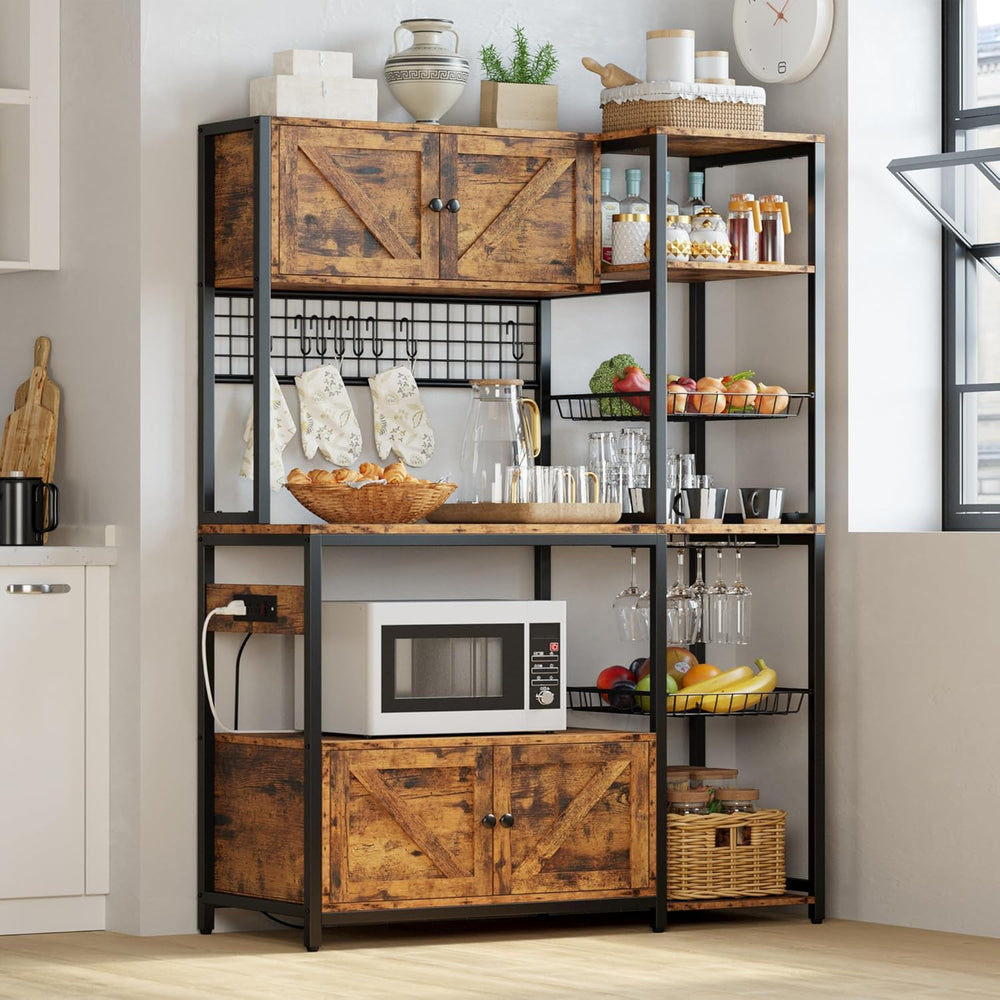 IRONCK Bakers Rack with Cabinet and Power Outlet, Coffee Bar, Vintage Brown