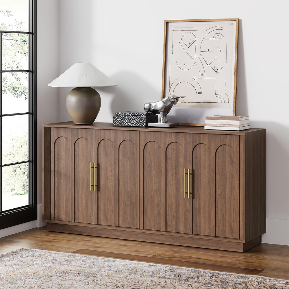 FORTUNETEC 67" Sideboard Buffet Cabinet with Storage, Arched Doors, Walnut