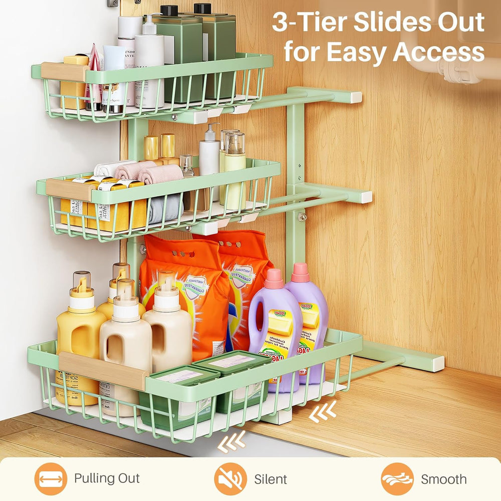 PXRACK Under Sink Organizer, 2-Pack 3-Tier Height Adjustable Thickened Metal ...