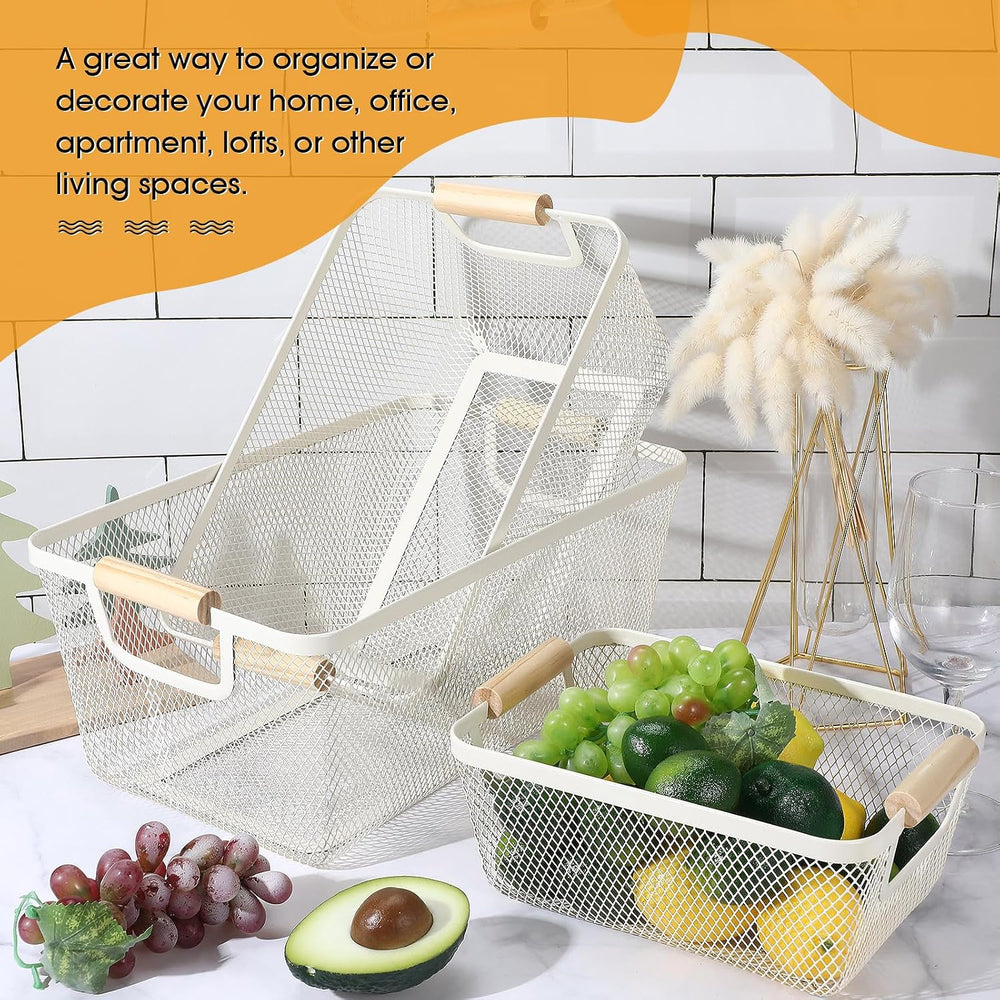 Maxcheck 6 Pack 3 Size Metal Wire Baskets with Wood Handles, Cream White