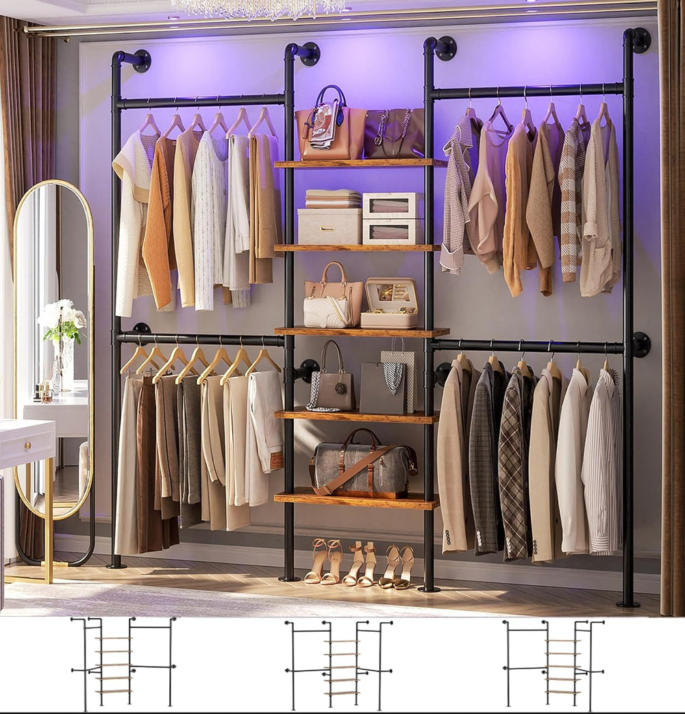 Aheaplus Industrial Pipe Clothing Rack, 6.42FT Closet Organizer System