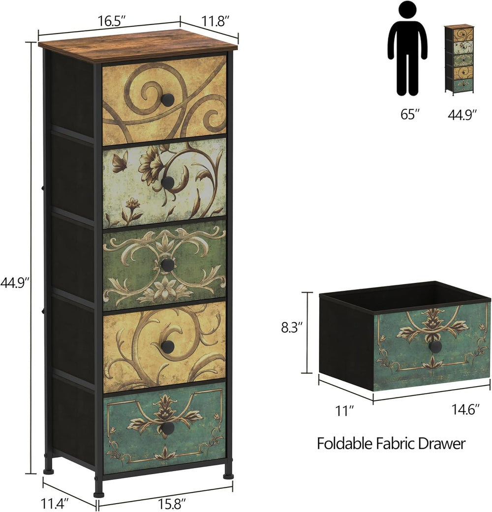 Tohomeor Small Dresser for Bedroom with Retro Flower Narrow Drawers Slim Ches...