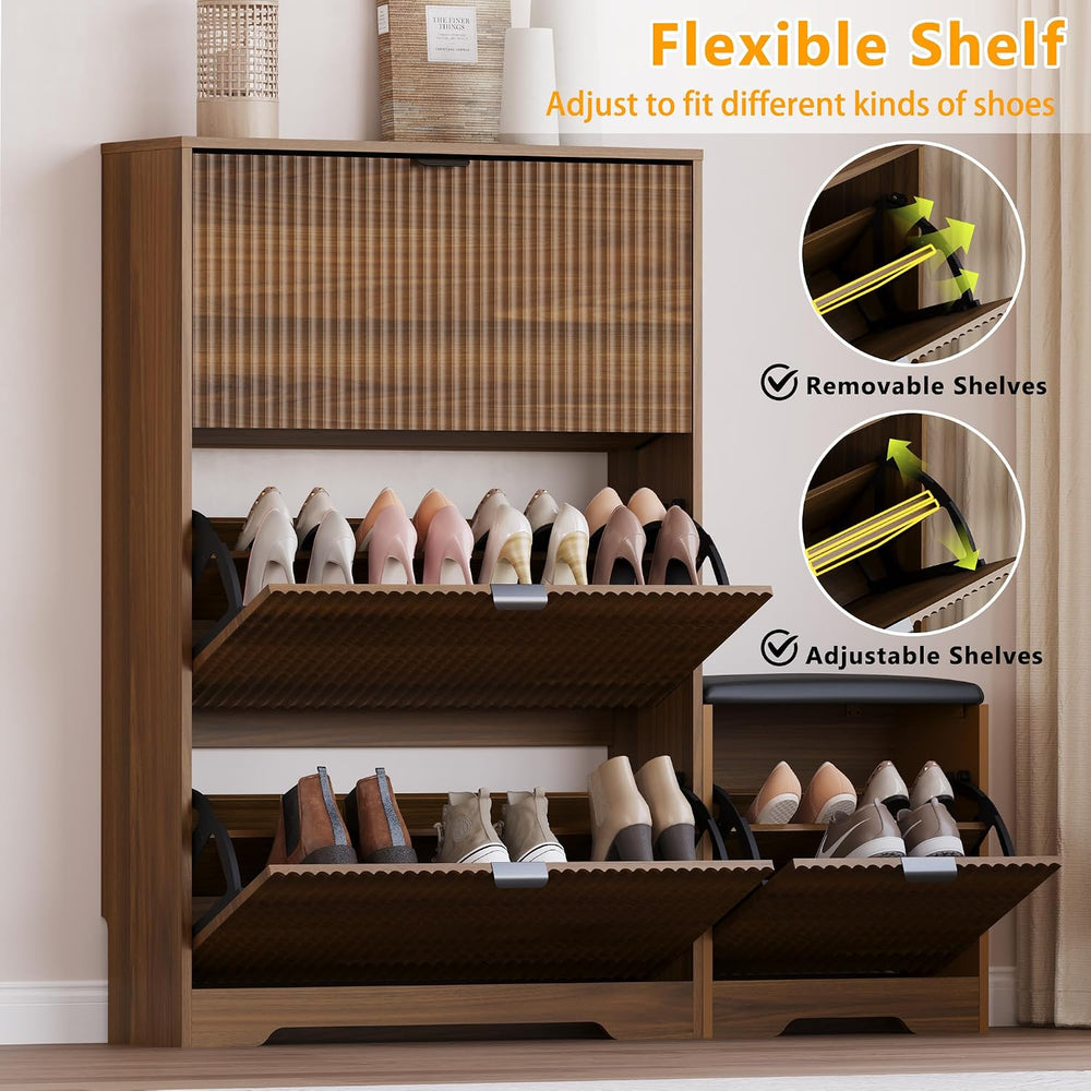BORNOON Slim Shoe Cabinet with Bench for Entryway, Hidden Storage and Adjusta...
