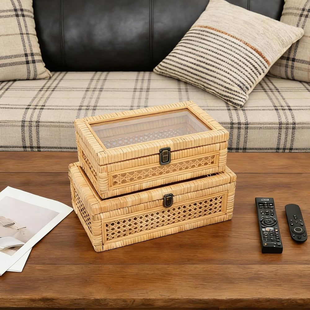DECOR4SEASON Rattan and Cane Stacking Boxes with Glass Top Lid - Set of 2 for...