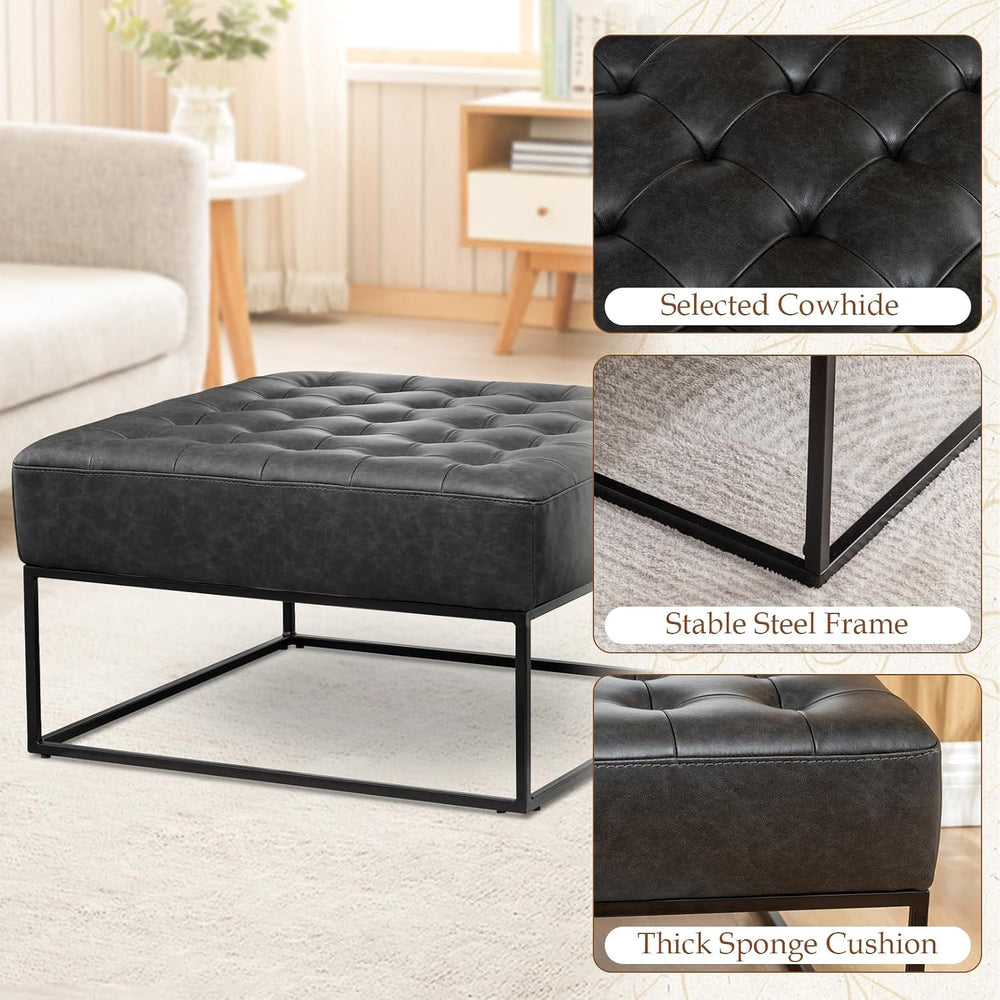 Modern Genuine Leather Square Coffee Table, 30'' Farmhouse Ottoman fo...