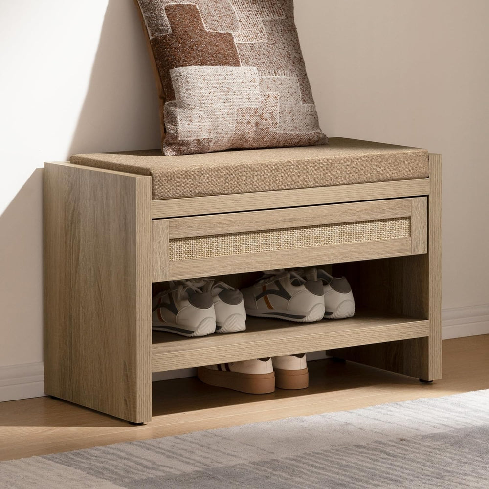 SICOTAS Rattan Shoe Bench Entryway Bench with Storage Drawer, Linen Cushion